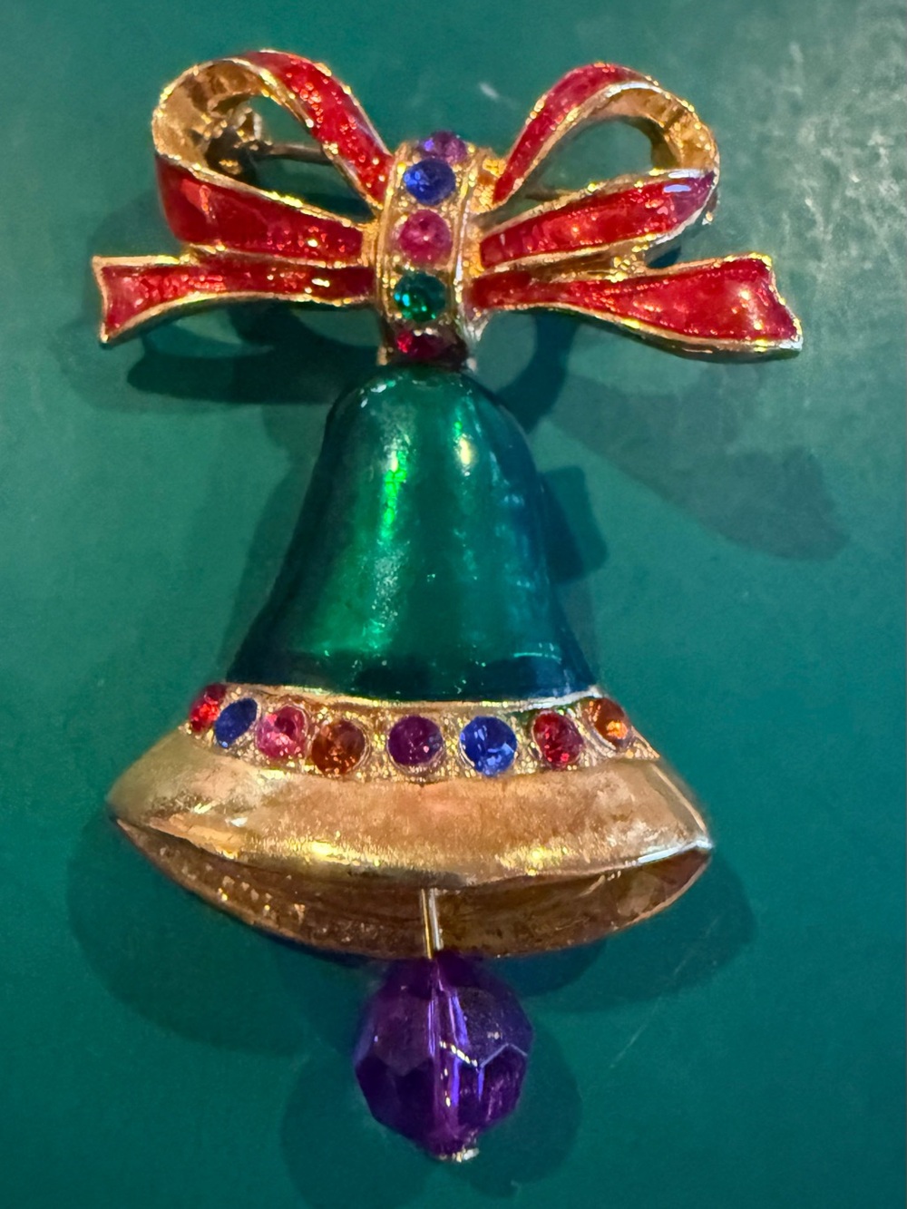 Vintage Christmas Bell Brooch Pin - Green Enamel & Red Ribbon Bow with Crystal